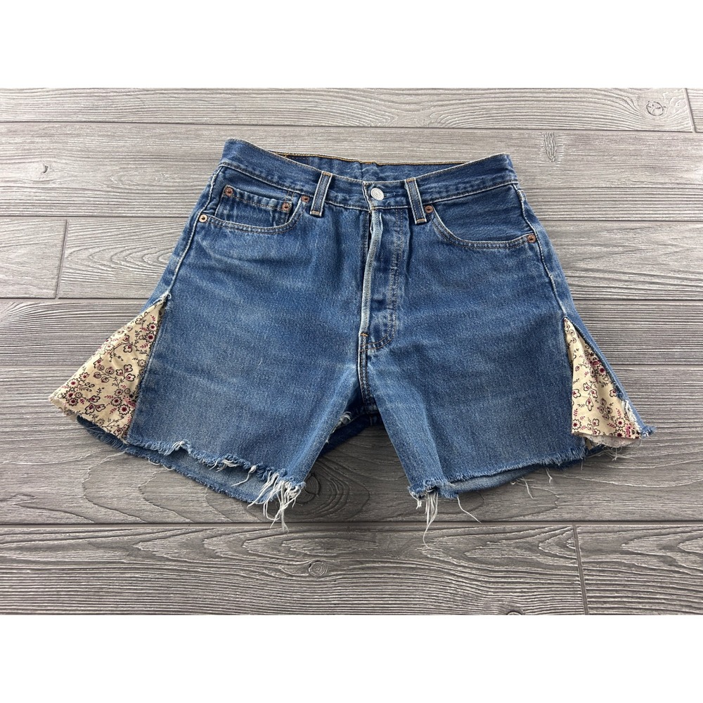 Levis 501 Vintage Cut Off Denim Shorts Floral Flare Gusset Blue W29 Vintage USA